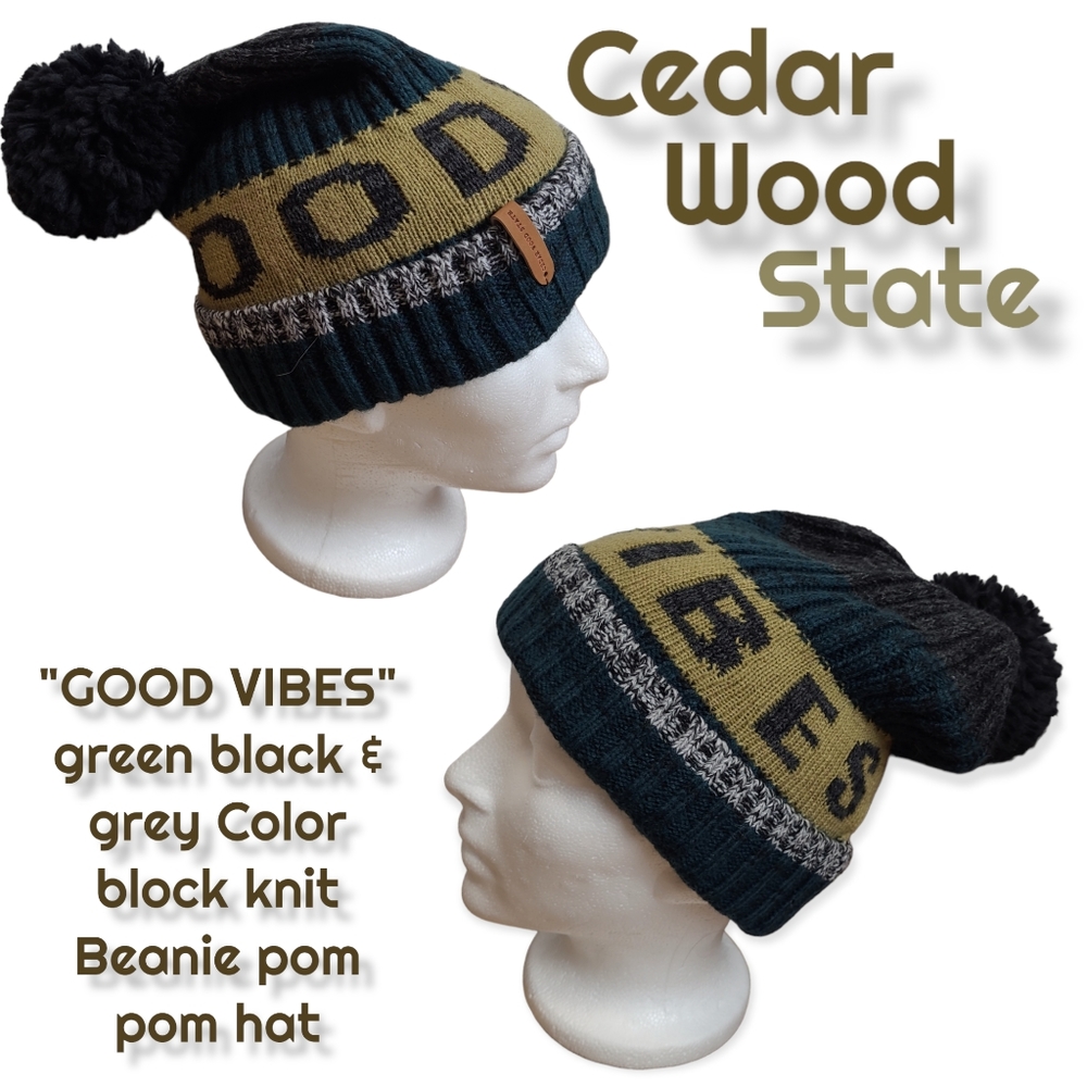Cedar wood state GOOD VIBES Colorblock wool blend knit Beanie pom pom toque hat